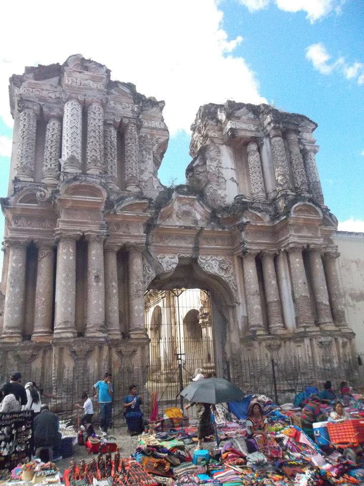 The ruins of one of Antigua's many churches. A market gathers out front on weekends.